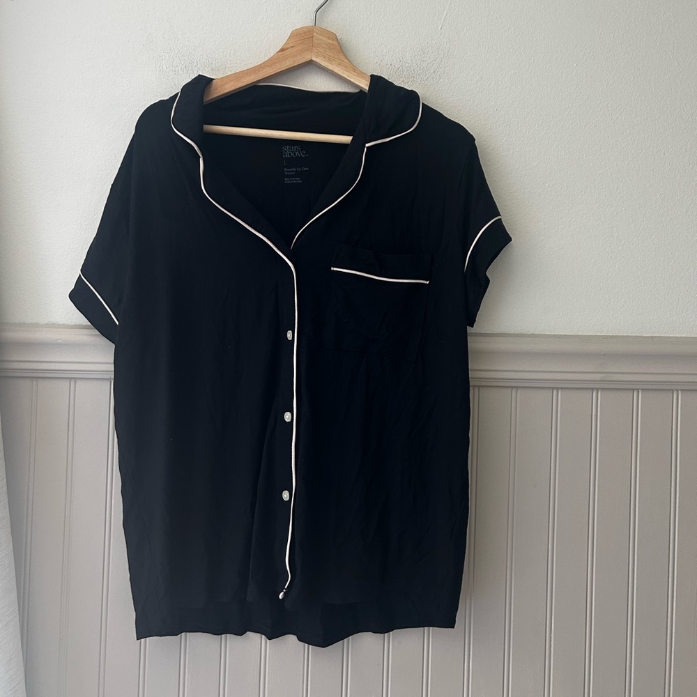 Stars Above Large Black Pajama Top with White Trim Button Up